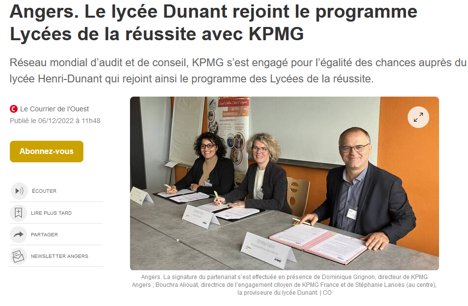 Le lycée Dunant rejoint le programme Lycées de la réussite avec KPMG (article du Courrier de l’Ouest)